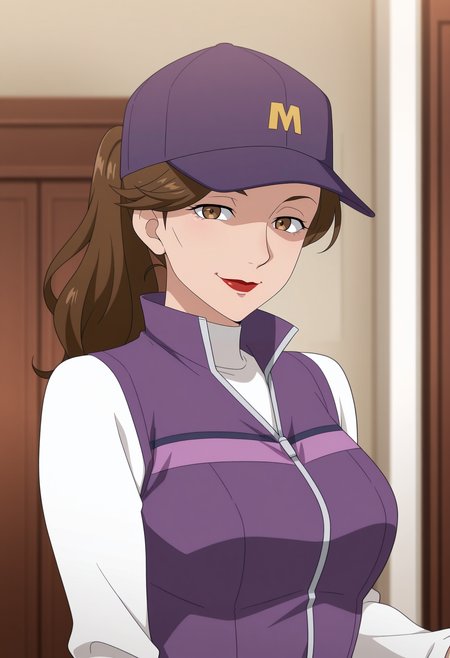 1girl,solo,mm,mature female,brown hair,brown eyes,long hair,ponytail,lipstick,anime coloring,
hat,white shirt,long sleeves,purple jacket,upper body, looking at viewer, smile,indoors
,masterpiece,best quality,amazing quality,<lora:Remelda-Birdie_Wing_Golf_Girls_Story:0.8>