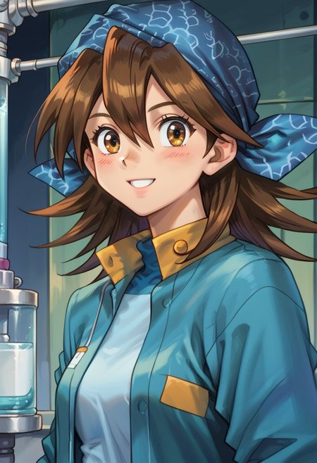 score_8, score_8_up, score_7_up, 1girl, female focus, solo, MintTCG, blue bandana, upper body, laboratory, looking at viewer, smile, blush,