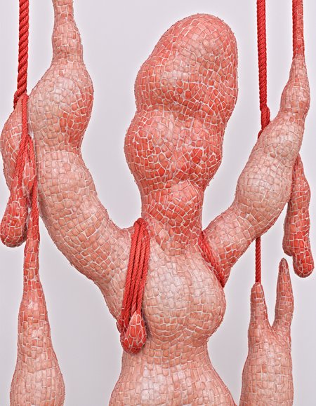 colored skin, nude, red rope, grey background, wet,Keresztes,,