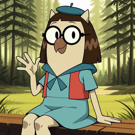 8k, uncensored, masterpiece, best quality, highly detailed, realistic, 1girl, solo, AlmondineCL, furry, anthro, avian, owl, brown hair, medium hair, black eyebrows, thin eyebrows, black glasses, round glasses, black eyes, brown beak, light-tan skin, smile, closed mouth, dark-blue beret, blue topwear, scout outfit,  (looking at viewer, sitting, grass, forest, trees, front view, detailed background, flat chested, (4 fingers, waving), feet out of frame, blue skirt