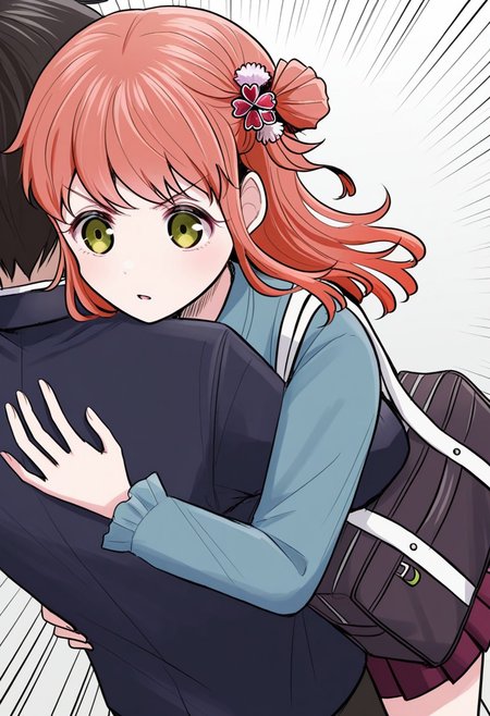 masterpiece, best quality, 32k, high resolution, absurdres,  yotsuha, v-shaped eyebrows, bag, pleated skirt, hug, frills, parted lips, hair ornament, single hair ring, hand up, emphasis lines