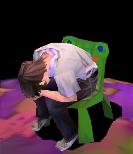 <lora:ps1style:0.7>, overhead shot, Shinji Ikari in a froggy chair meme, head buried in hands,  PLAYSTATION 1, white shirt, short_sleeves, ps1 style, low poly, (game screenshot), (computer generated image)