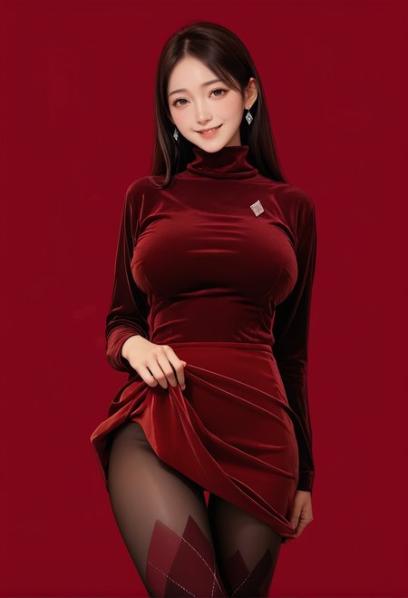1girl,red background,,ruanyi0965,red dress,short dress,black pantyhose,argyle legwear,turtleneck,dress lift,<lora:0965 Home wear 12_v1_pony:1>, score_9, score_8_up, score_7_up, score_6_up, score_9, score_8_up, score_7_up, score_6_up source_anime, blush, 1girl, seduce smile, perfect body , natural huge breasts