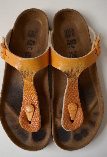 still_life, no_humans, simple_background, white_background, gizeh, gizehunworn, close-up, footwear_focus, patterned, orange-black-white, worn_shoes, worn_insoles, smelly_shoes