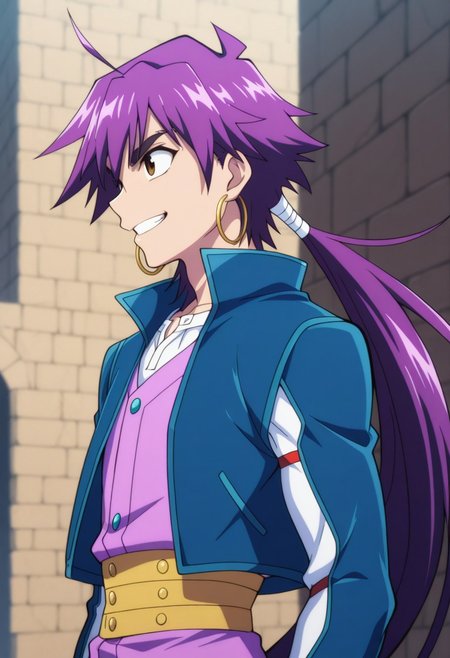 masterpiece,best quality,amazing quality, source_anime, 
Shindobaddo, 1boy, male focus, solo, brown eyes, purple hair, long hair, ponytail, hoop earrings, shirt, white shirt, jacket, blue jacket, open jacket, vest, purple vest, outdoor, grin,