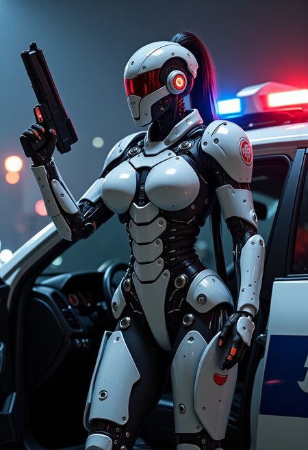 score_9, score_8_up, score_7_up, Ultra detailed digital art masterpiece, Extremely detailed robotics, (cop woman), ((full bionic grey squared armor)), (voluptuous big boobs:1.2), holding rapid fire handgun, getting out of police car, night foggy scene, police red blue lights, raytracing, reflections, greebles, technocore, Laser sharp Immense detail, photoreal, photographic, concept art, cinematic lighting, cinematic composition, rule of thirds,