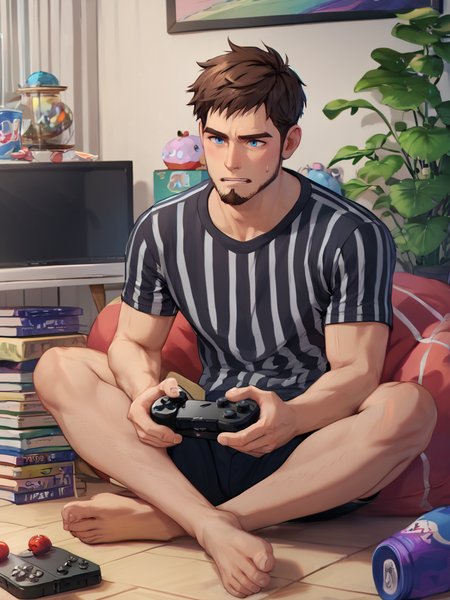 PDXL,  <lora:SittingCrossLeggedV1:1>, cr0ssl3gg3d,
1boy, short brown hair, brown beard, blue eyes, black white striped shirt, black sweatpants, sitting cross-legged in a living room, playing games on a tv