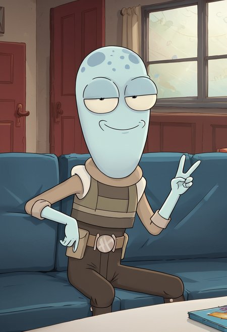 score_9, score_8_up, score_8,   <lora:Yumyulack_Solar_Opposites_for_PonyXL:0.8> 1boy, alien, yumyul4ck, male focus, blue skin, sitting on couch, living room, window, smile, half-lidded eyes, peace sign,