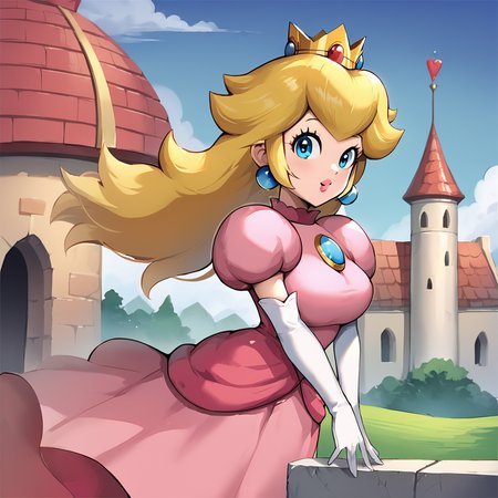 score_9, score_8_up, score_7_up,score_5_up, score_4_up (Source anime), (rating questionable), <lora:PrincessPeachXL:1>, 1girl, solo, princess peach walking in the castle, wearing pink dress, white elbow gloves, large breasts, wide hips, anime style, retro style, 2d art, masterpiece, best quality,  pony tail, crown, blonde hair, blue eyes, detailed eyes,