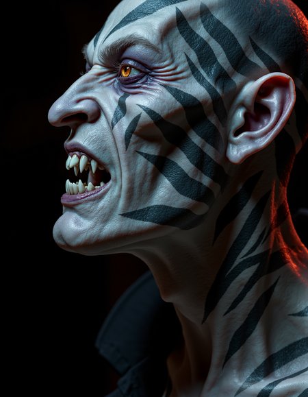 zavy-vmpr, Extreme close-up in side profile, a dark vampire with intricate black tattoos spiraling across his pale skin and delicate pointed ears, a smirk revealing elongated fangs and glinting amber eyes filled with ancient wisdom and mischief, shot in a surreal chiaroscuro style that emphasizes sharp contrasts and deep shadows, a moody palette of deep indigos and ashen grays punctuated by vibrant crimson highlights.