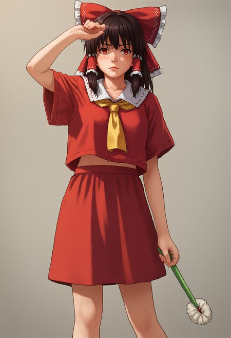 score_7_up, source_anime, uncensored, 1girl,standing, holding toilet brush, solo, arm up, hakurei reimu