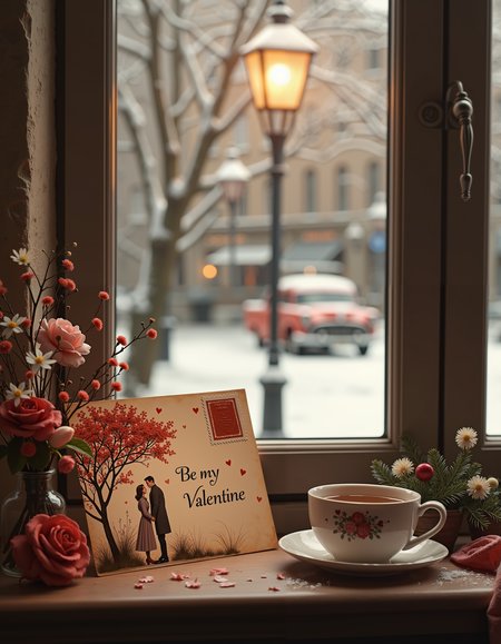 Create a hyper-realistic, sepia-toned vignette of a 1940s Valentine’s Day postcard resting on a windowsill. The postcard features a hand-painted design of a couple holding hands under a blooming tree, with the message 'Be My Valentine' written in elegant script. Beside the postcard lies a small bouquet of flowers and a cup of tea. The window looks out onto a quaint, snow-covered street, with a vintage car parked under a streetlamp. The atmosphere is cozy, romantic, and nostalgic, with a focus on the textures of the postcard, the glow of the streetlamp, and the soft sepia tones. 8K resolution, ultra-detailed, and photorealistic.