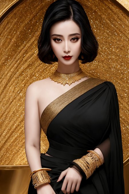 Masterpiece, high quality, 4K, beautiful design, shiny, from the front, award winning photo, extremely detailed, amazing, fine detail, absurdres, highly detailed woman, extremely detailed eyes and face, by lee jeffries nikon d850 film stock photograph 4 kodak portra 400 camera f1.6 lens rich colors hyper realistic lifelike texture dramatic lighting unrealengine trending on artstation cinestill 800 tungsten, solo, 1girl,
fanbingbing, a woman in a black dress and gold jewelry , wearing fanbingbing fashion
 <lora:FanFashion:0.8>