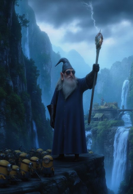 Dr. Nefario from Despicable Me reimagined as Gandalf the Grey in a grand, epic fantasy setting. He stands tall on a rocky precipice, his staff raised high, crackling with mysterious energy. His long white hair and beard flow dramatically in the wind, and his iconic wizard’s hat is slightly tilted in an almost comical yet majestic way. The landscape around him is vast and breathtaking, with towering mountains, rolling mist, and a sky lit with stormy clouds. In the distance, the silhouette of an approaching army can be seen. His cloak billows dramatically, revealing intricate, steampunk-inspired armor beneath. A group of minions, armed with tiny swords, follow behind him, ready for battle. The scene is lit with a powerful glow, emphasizing the magical aura around Nefario. Cinematic, epic fantasy style with intense details, dramatic lighting, and high contrast to emphasize the magic and atmosphere."