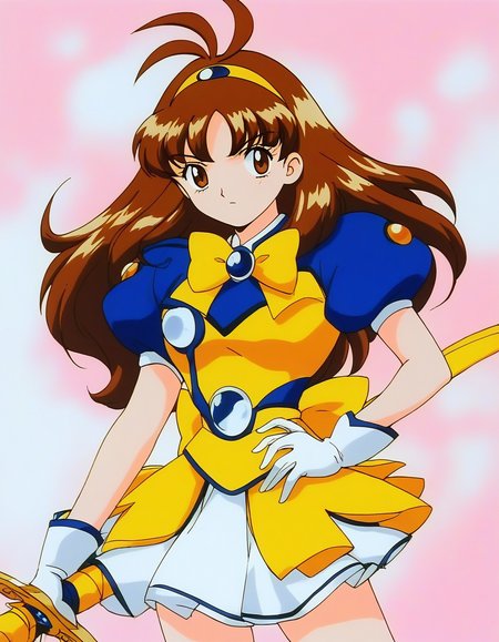 score_9, score_8_up, score_7_up, source_anime, rating_explicit, BREAK  <lora:Tsurugino_Mai_XL:1> Tsurugino_Mai, 1girl, solo, brown hair, weapon, gloves, sword, long hair, holding, 
1990s (style), brown eyes, bow, yellow bow, holding weapon, holding sword, magical girl, 
hairband, skirt, short sleeves, white gloves, Yellow armor, dress, white skirt, blue shoulder armor,
looking at viewer, antenna hair, puffy sleeves, bangs, puffy short sleeves