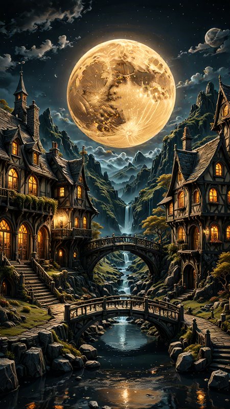 photorealism, intricate details, extremely detailed, masterpiece, masterpiece, Outstanding intricacies, best quality, hires textures, high detail, incredibly detailed, Cinematic Lighting, at night, A hobbits Mansion, River, Bridge, waterfall, Large Marble Moon, intricately detailed, true masterpiece, UHD, vibrant neon, studio quality Overall Detail, Painstaking attention to details, Epic, UHD , <lora:3D_Framed_Wall_Art_-_By_DICE:1>. (3D Framed, Moon), (Use Dream Diffusion Secret Prompt)