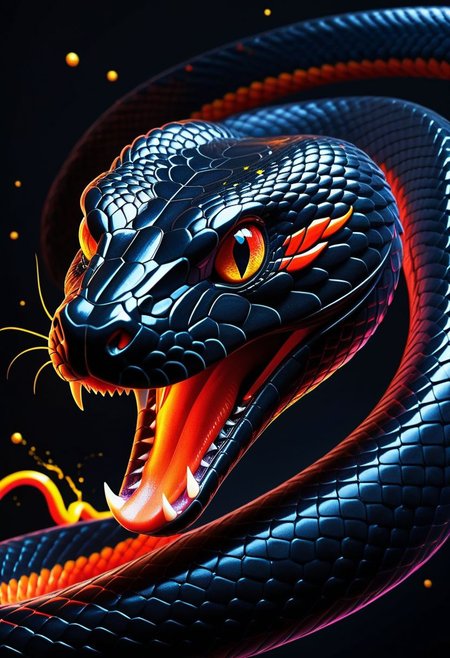 Render a stunning 3D depiction of a stunning black snake with vibrant, almost neon colors, radiating a dark fantasy ambiance. The snake, with its piercing eyes and fierce expressions, emanates extreme agitation for an unknown cause. It fiercely employs its sharp teeth to slash at the observer, as if fiercely guarding its domain. The backdrop showcases a black canvas adorned with striking splashes of red, orange, and yellow, symbolizing a fusion of intense hues. The overall theme is visually captivating and immensely engaging, seamlessly blending elements of illustration, painting, anime, and fashion to create a mesmerizing piece of art.