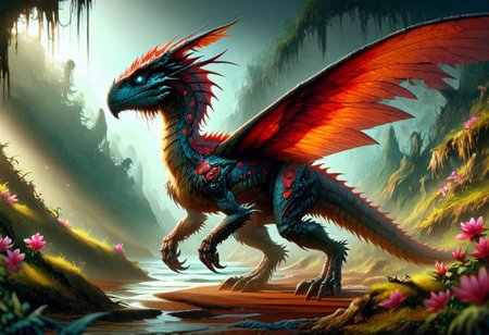 An monstrous chimera with squid head dragon wings, multiple eyes, tentacles hybrid creature with flower iron spikes-like feathers, standing in a wasteland of red blood flowers, hyperrealistic, using the EasyNegative model. The creature should be extremely detailed, following HK style, and appear as if made from wooden art. The scene should also include elements of an insectosaur. Ensure the overall image is dark, by using Dark art style, ral-mythcr,
<stardeaf-greenmageddon>