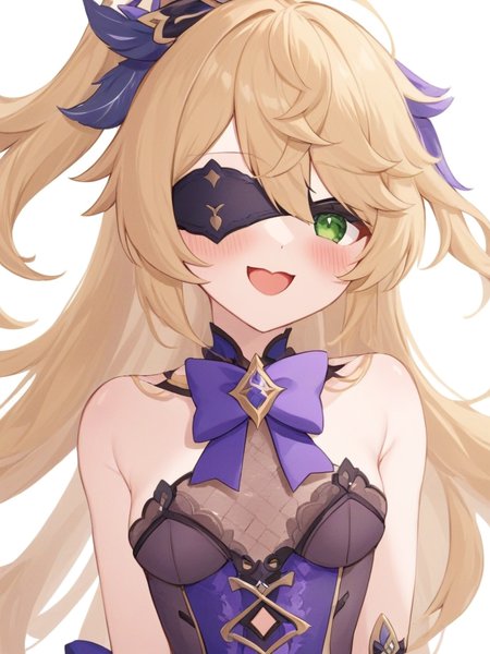 <lora:è²è°¢å°:1>ï¼1girl, fischl_\(genshin_impact\), solo, eyepatch, green_eyes, two_side_up, blonde_hair, breasts, gloves, fang, long_hair, looking_at_viewer, bow, smile, open_mouth, skin_fang, garter_straps, bare_shoulders, purple_bow, white_background, bangs, small_breasts, bowtie, hair_over_one_eye, feathers, hair_ribbon, ribbon, dress, simple_background, medium_breasts, blush