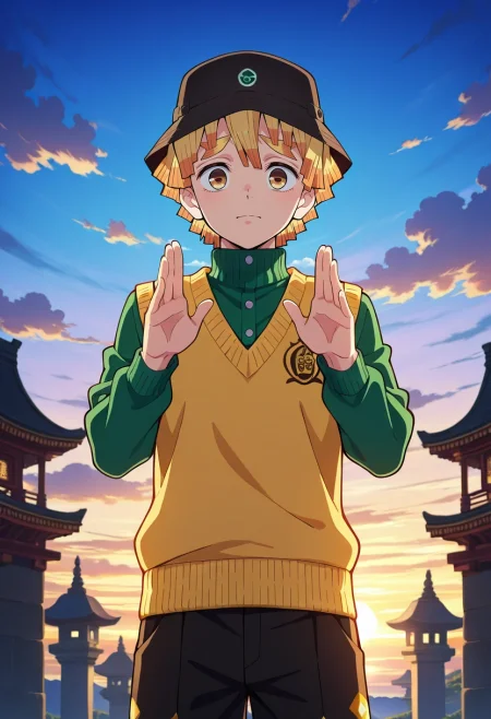 masterpiece, best quality, intricate details, anime screencap, , , looking at viewer, , 1boy, solo, male focus, <lora:zenitsu_agatsuma_ilxl:0.9>, zenitsu_agatsuma, blonde hair, yellow eyes, short hair, bangs, floating temple, cloud pillars, sky bridges, wind chimes, worship pose, serene expression, sunrise, Herringbone Moire PoppyRed Tailored shorts, Polo sweater vest, , Bucket hat,