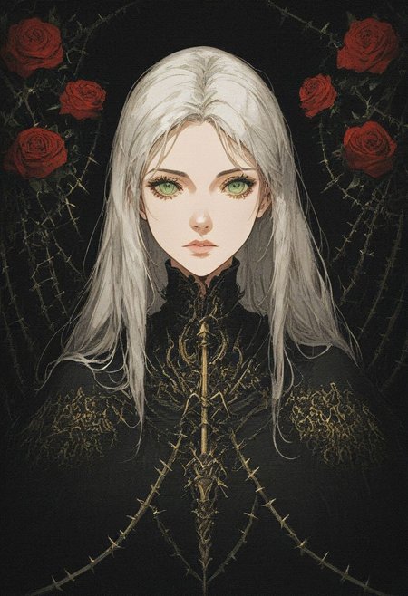 score_9, score_8_up, score_7_up, 
female, long white hair, beautiful face, green eyes,
(dark knight), bulky, heavy, medieval, dark theme, armor, golden sword, golden trim, black cape, 
close up, (full body), (red roses background: 0.7), thorns,
easynegative, xenotr1p,