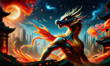 Chinese lunar dragon, A bioluminescent dragon with a red and gold color scheme, in a cityscape, digital painting style, color contrast, wide-angle shot, soaring above modern city buildings, juxtaposition of fantasy and reality, moonlight, (art by Qian Xuan:1.1), visually appealing, balanced composition, elegant, contemporary, rich color palette, Chinese aesthetic, dramatic lighting, high resolution  <lora:SDXL\sd_xl_dpo_lora_v1:1.0>, <lora:SDXL\MJ52:0.6>, <lora:SDXL\RMSDXL_Creative:1.0>, <lora:SDXL\SDXLFaeTastic2400:1.0>,