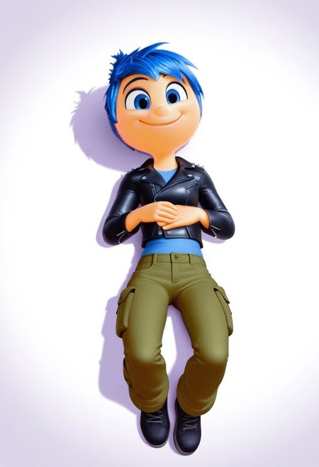 solo, joyemotion, blue hair, spiked hair, leather jacket, cargo pants, laying on back, top view, full body, smile, front view, blank background