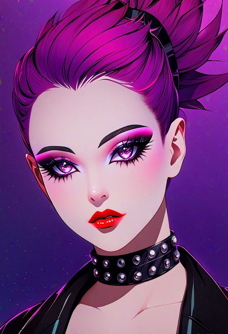 neo noir style portrait of a beautiful woman painted on wall with light, stunning beauty, soft light, pastel colors ,black and purple hair, dark punk, heavy makeup, line art, postmodernism, neo noir,   simple background, glowing lips, lips closed, light smile, masterpiece, natural style,  braided mohawk,, realistic and detailed eyes, beautiful eyes, amazing eyes,kawaii makeup dark makeup, nerd, red glowing lips, bangs,