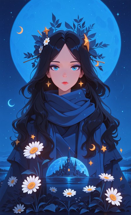 masterpiece, best quality, good quality, newest, highres, absurdres, 1girl, solo, long hair, looking at viewer, blue eyes, black hair, hair ornament, closed mouth, upper body, flower, sky, star \(symbol\), water, scarf, parted bangs, lips, makeup, night, expressionless, wavy hair, leaf, moon, white flower, plant, lipstick, crescent, star \(sky\), night sky, full moon, starry sky, blue theme, red lips, straight-on, blue scarf, crescent moon, planet, castle, lake, daisy, Flatline, Flat vector illustration,
klaus_style <lora:illustriousXL_stabilizer_v1.23:0.3> <lora:NOOB_vp1_detailer_by_volnovik_v1:0.3> <lora:ponyv6_noobE11_2_adamW-000017:0.3> <lora:checkpoint-e18_s306:1.3> <lora:klaus:0.8>