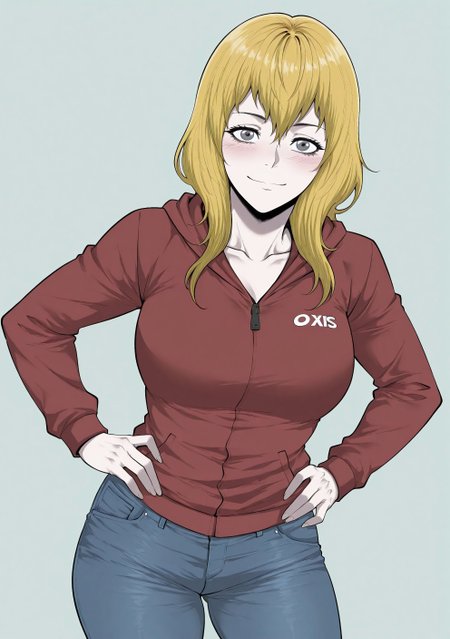 masterpiece, best quality, amazing quality, absurdres, 

j1nm1ny0ung, n0rj1n, 1girl, solo, blonde hair, long hair, grey eyes, collarbone, large breasts, red jacket, hooded jacket, jeans, denim, pink footwear, asics,

smile, standing, hands on the hips, cowboy shot, looking at viewer, standing, blush, simple background, green background,