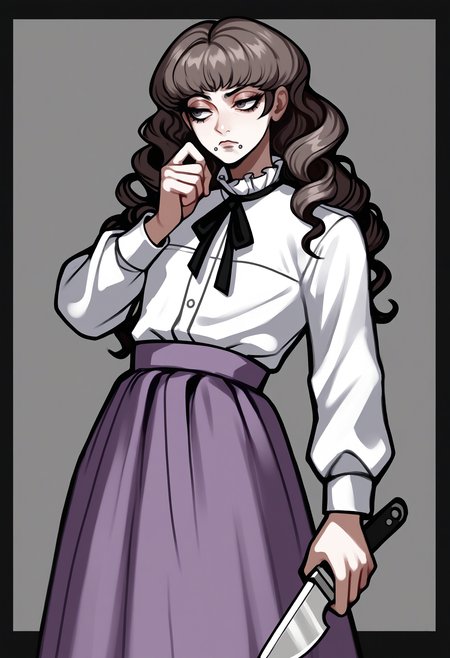 score_9, score_8_up, score_7_up, score_6_up, score_5_up, score_4_up,
BREAK
1boy, otoko no ko, femboy, trap, marina funger, dark brown hair, wavy hair, curly hair, dark grey eyes, long eyelashes, mole under mouth, mouth piercing, black neck ribbon, bored, looking away,
BREAK
solo, standing, holding knife, white shirt, purple skirt, long skirt,
BREAK
black background, simple background, dynamic pose, <lora:Lunas-2n5-Artist-SDXL-A1:1> <lora:Lunas-Marina-Funger-SDXL-A2-000004:1>
