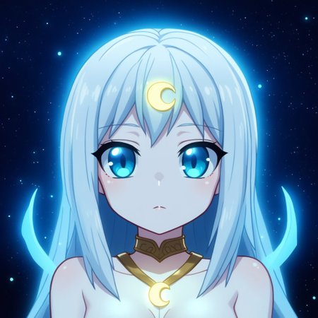mana_sk style, portrait, focus on face, a calm moonlit guardian girl with silver hair cascading like silk and serene ice-blue eyes, wearing a crescent-shaped pendant that softly glows, her expression tranquil yet watchful, faint auroras glowing in the dark starry background, Japanese RPG style, celestial and peaceful atmosphere, intricate details on her pendant and glowing effects