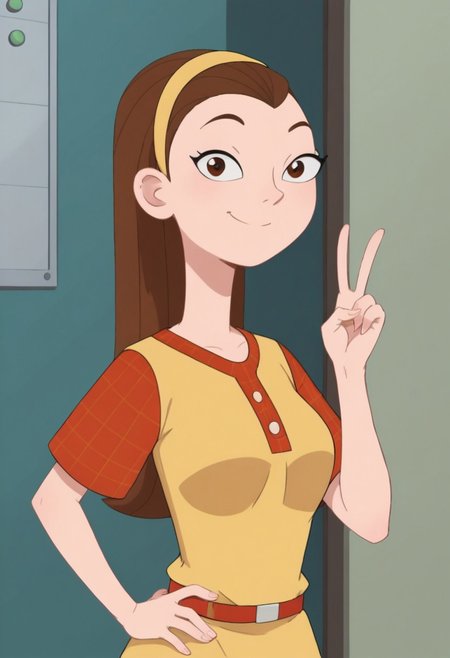 ((room background)),score_9, score_8_up, score_7_up,score_6_up, 
1girl, solo, Lydia_MML, light skin, dark brown eyes, small pointed nose, brown hair, long straight hair, light yellow headband, light yellow sleeveless sweater, red plaid undershirt, red plaid skirt, red belt, white socks, light brown sneakers, average height, big smile, perfect eyes, perfect smile, looking at the viewer, detailed eyes, perfect eyes, standing, big breasts (front pose, bust shot) five fingers, perfect hands, (hand on hip, hand up, v sign)