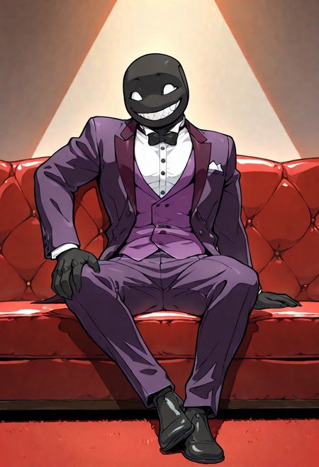 (((beautiful, high quality))), score_9, score_8_up, score_7_up, score_9, score_8_up, score_8, masterpiece, best quality, unrealistically high details, extremely high quality, ultra high detail, good anatomy, best shading, best lighting, ((1boy, solo)), Expressiveh,
Carapacian, male,  black skin, white eyes, white teeth, wearing a purple butler uniform with Green and red accent colors, smiling, in a bedroom, sitting on a couch,