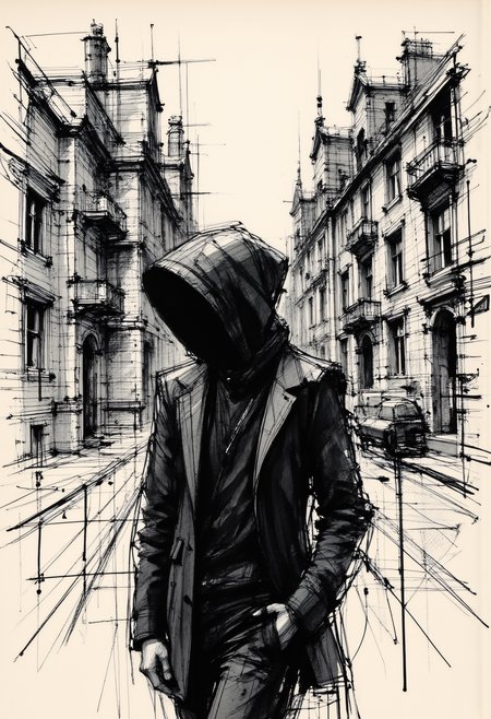 minimalist style, black and white paint splatter technique, a faceless person with head covered by hood, extremely detailed architecturic background made of straight lines