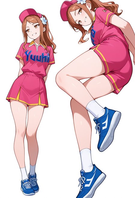 masterpiece,high quality details, absurdres,
 <lora:Aona:0.8> aona_cnr, 1girl, brown hair, long hair, ponytail, brown eyes, 
aona_s1,uniform_cnr, sportswear,pink shirt, short sleeves, shorts,skirt, socks,blue sneakers, hat, hair flower,, simple background, white background, dynamic angle,solo,, smirk,grin,, arms behind back,lying on side,standing pose,