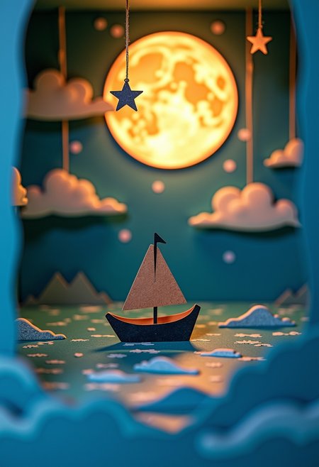 photograph of a hand-made diorama scene featuring a small boat floating beneath a full moon, with stars and clouds as cutouts hanging from strings, the full moon itself is also suspended by a string, creating a surreal, dreamlike atmosphere, the sea is a painted cutout with gentle waves, the entire scene is illuminated with soft, warm light, enhancing the whimsical and tranquil mood, the handcrafted elements, including the visible textures of the materials, add to the scene's nostalgic and peaceful charm