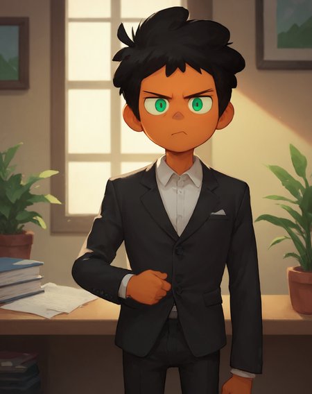 score_9, score_8_up, score_7_up, <lora:MaxCamp:0.8>, 1boy, solo, Max, black hair, green eyes, dark skin, black suit, indoors, office, frown, looking at viewer,