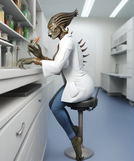 score_9, score_8_up, score_7_up, looking at viewer, smile, 1girl, solo, dark science laboratory, scifi, white lab coat, blue jeans, barefoot, full body, experimenting, looking at flask, side view, biology lab background, experiment, drawers, blue floor, hands fingers, black office chair, hands, bunsen burner, table, holding test tube, fire, flame
BREAK
1girl, solo, alien, monster girl, split yellow sclera, green segmented skin, black lipstick, green asari, facial markings, spines, tentacle ears, breasts, slit cat pupil, upper body, SFGoddess, large breast, jewelry, cleavage, necklace, earrings, wide sleeves, lips, makeup, bracelet, curvy body <lora:Fantasy_goddess:0.5> <lora:sil_alien:0.4>  <lora:SilSpecies:0.7> , hands, <lora:detailed_hands:1> working in a laboratory, fingers, long nails