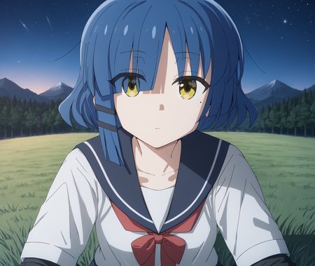 score_9, score_8_up, score_7_up, highres, hi res, best quality, masterpiece, 2d, intricate details, 4k, anime coloring, shadow, uncensored,
1girl, solo, female, short hair, blue hair, yellow eyes, mole, mole under eye, expressionless, eyes visible through hair,
school uniform, serafuku, sailor collar, sailor fuku, pleated skirt, necktie, red bow, red necktie,
sitting, leaning forward, cowboy shot, head tilt, looking up, looking at another,
outdoors, on grass, field, depth of field, mountain, horizon, outdoors, forest, field, night, sky, night sky, star \(sky\), starry sky, yamada ryo, yamada ryou, <lora:Ryou_Yamada_1024_Pony:1>, bocchi the rock!,