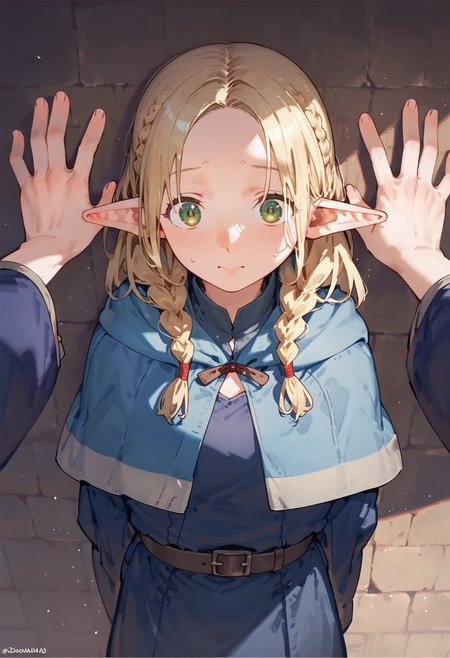 score_9, score_8_up, score_7_up, 2girls, kabedon pov, marcille, blue capelet blue robe belt, french braid twin braids, arms behind back, [:falin:0.3], wide sleeves, blue jacket, shirt, robe
<lora:falin_marcille_pony_d16:1>
<lora:kabedon_pony_2:1>