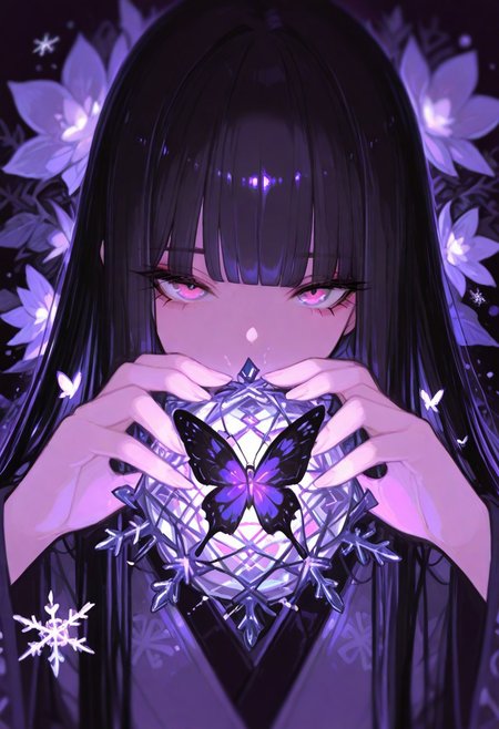 <lora:r17329_illu-000017:1>,r17329_illu, masterpiece, newest,absurdres,incredibly absurdres,1girl, solo, bug, butterfly, bangs, black hair, looking at viewer, long hair, blunt bangs, covered mouth, purple eyes, purple theme, eyelashes, flower, pink eyes, snowflakes, 
dark_theme,abstract background, 
depth of field,white sphere on the background