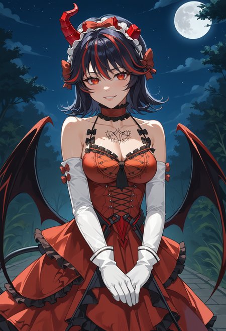 score_9, score_8_up, source_anime, 1girl, solo, LuciaVermillion, medium hair, streaked hair, red horn, single horn, frilled hairband, frilled choker, chest tattoo, spaghetti strap, sleeveless dress, red dress, frilled dress, cross-laced, white elbow gloves, white thighhighs, demon wings, low wings, demon tail, outdoors, night, moon, dark, smirk, <lora:ChamLuciaPlumePonyXL:1>