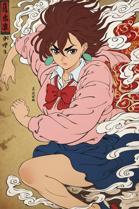score_9, score_8_up, score_7_up, score_6_up, score_5_up, score_4_up,  <lora:Momo_Ayase_Dandadan_V1:0.8> KJOmomo, brown hair, dark eyes, medium hair, hair between eyes, thick eyebrows, earrings,white collared shirt, oversized pink pullover, long sleeves, red bow, blue short skirt, untucked shirt, <lora:traditional_Japanese_art:1>,  traditional japanese art, 1girl, fighting stance, solo, alone,  masterpiece, highres