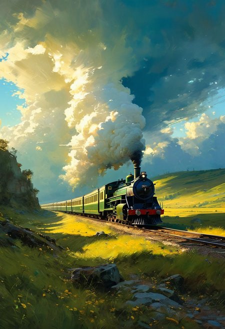 ((masterpiece, best quality, high quality, highres, ultra-detailed)),  ,a moving train <lora:soldart:0.6> <lora:AngelicAI:0.1> <lora:add_detail:1>,, against the background of the a moving train, blue sky, sunny day, epic clouds, (oil painting:0.1),  (best quality, 8K, high resolution, extreme detail, outstanding composition:1.4), art by Jeremy Mann, god rays, dramatic light,   (oxygen-rich air and sheltered atmosphere, , aesthetic of hard - edge painting:0.1),