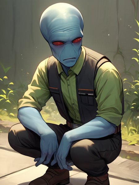 score_7_up, score_8_up, score_9, masterpiece, (1boy, solo,)perfect face, perfect hands, high quality, source_anime, cowboy shot, <lora:Duros_-_Star_Wars:1> duros, 1boy, colored skin, alien, red eyes, blue skin, bald, squatting, black vest, green undershirt, black pants, utility belt,