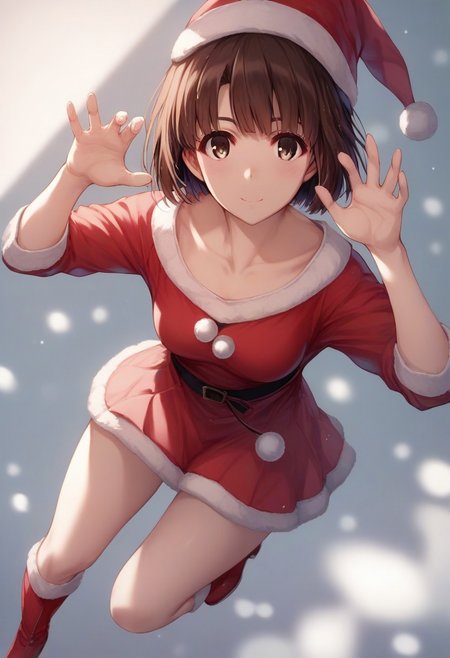 score_9, score_8_up, score_8, score_7_up, score_7, source_anime,
1girl, katou megumi, Megumi <lora:KatoMegumi:1>,brown hair,katou megumi,brown eyes, short hair , medium breasts, masterpiece, best quality, santa costume, santa hat,looking at viewer,skirt,collarbone,santa boots,red footwear,dynamic pose, looking at viewer, dutch angle, depth of field
