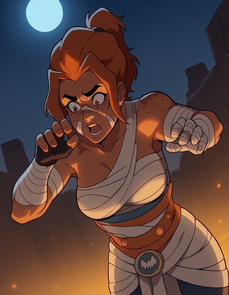 score_9, score_8_up, score_7_up, source_anime, <lora:lady-kima-s3-ponyxl-lora-nochekaiser:1>, lady kima, bangs, brown hair, brown eyes, freckles, parted bangs, ponytail, short ponytail, medium breasts,, <lora:mummy-costume-ponyxl-lora-nochekaiser:1>, mummy costume, bandages, halloween costume, bandaged arm, zombie pose, bandage on face,, desert, moon, night, open mouth, , dutch angle, cowboy shot