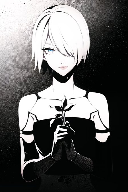 yorha type a no. 2,

close up, upper body, female focus,

1girl, android, bangs, bare shoulders, black background, black dress, black gloves, blue eyes, breasts, closed mouth, collarbone, dress, flat color, flower, gloves, hair over one eye, holding, holding flower, joints, lily \(flower\), looking at viewer, medium breasts, mole, mole under mouth, own hands clasped, own hands together, petals, robot joints, short hair, simple background, solo, strapless, strapless dress, swept bangs, white flower, white hair

<lora:yorha_type_a_noDOT_2:0.7>