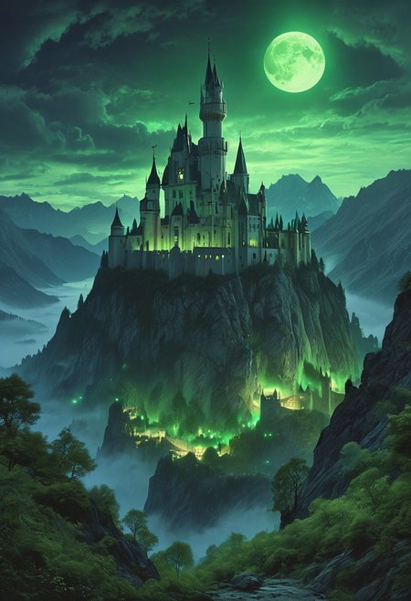A captivating night scene illustration featuring a forboding and haunted castle on a great  great mountain. The castle and mountain are much like Neuschwanstein Castle in Bavaria.  This enchanting artwork captures a dark and ominous night, where an ominous green moon  hangs above  and over the  tree covered mountain and range and castle which  stands resolute amidst the great mountains, the moon bathes the are in a sickly green light,  The lights from the castle cast an ominous green light and glow,  creating a cinematic experience., illustration, cinematic
<lora:DonM3t3rn1tyXL-v1.1:0.7>, DonM3t3rn1tyXL,
OverallDetailXL  <lora:MJ52:0.3>  <lora:SDXLFaeTastic2400:0.4>  <lora:EpicF4nta5yXL:0.7>